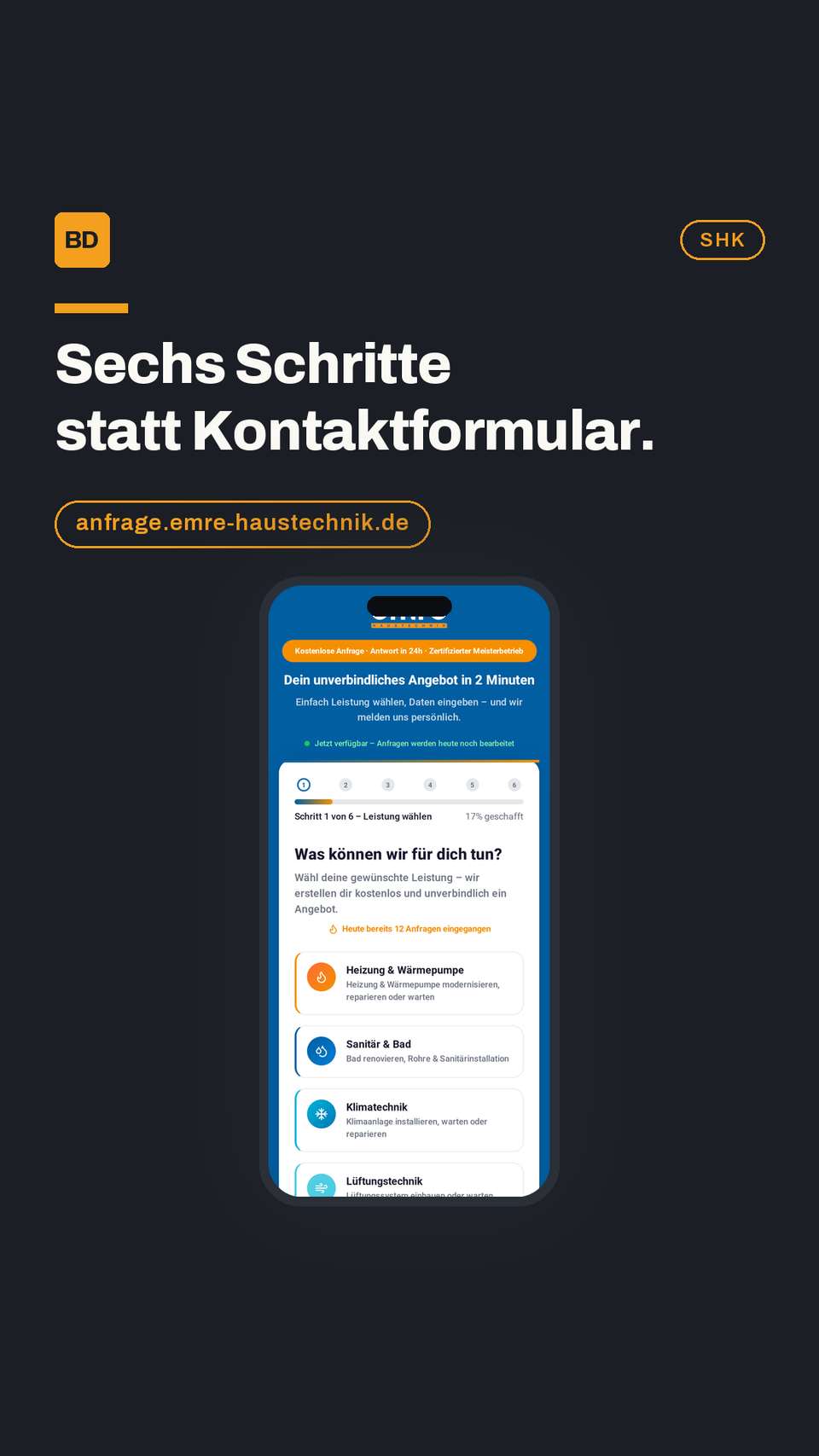 Die Anfragestrecke von Emre Haustechnik unter anfrage.emre-haustechnik.de auf dem Handy