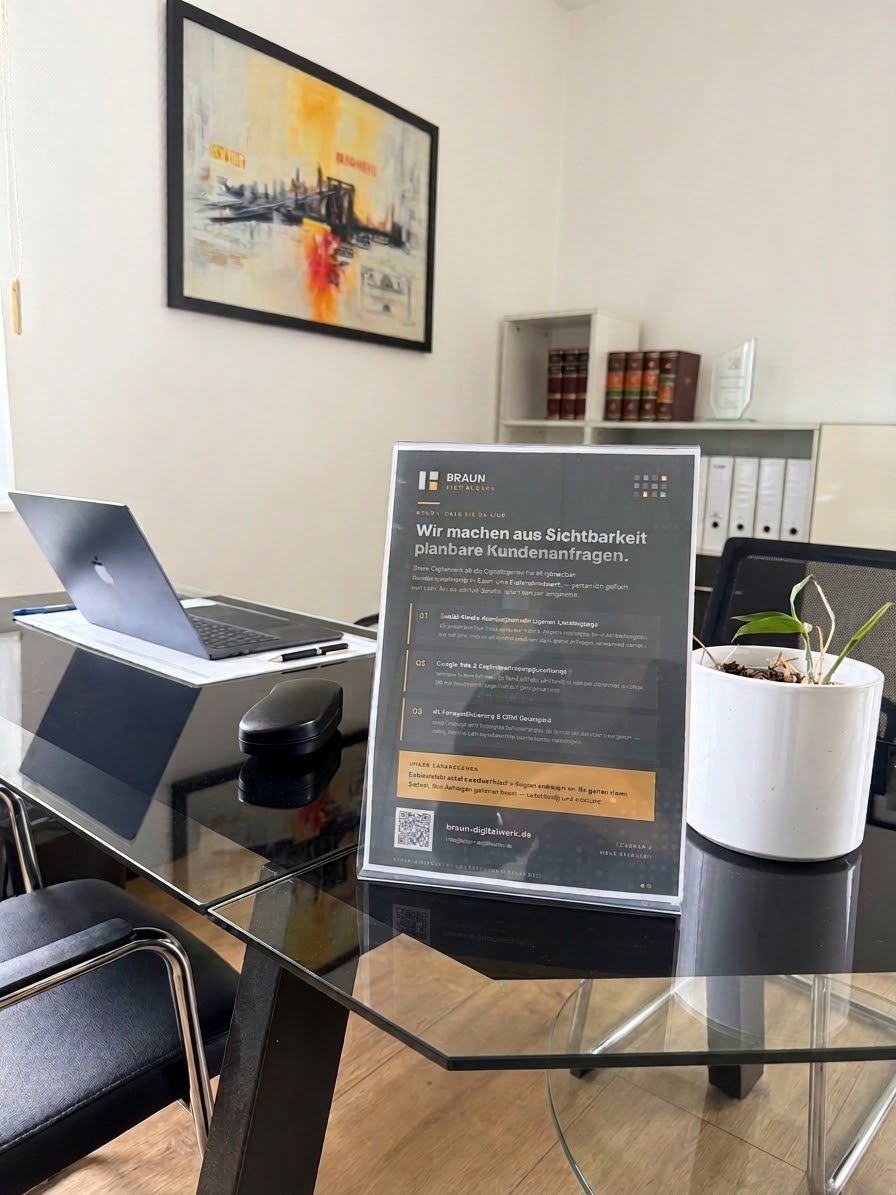 Schreibtisch mit Laptop und Aufsteller von Braun Digitalwerk im Büro
