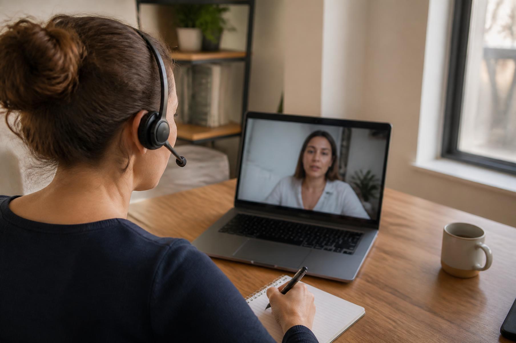 Mitarbeiterin mit Headset führt am Schreibtisch ein Erstgespräch und macht sich Notizen